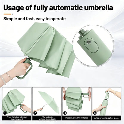 Green Foldable Rainproof Automatic Umbrella, 1 Count Compact Ring-Buckle Windproof Reinforced Pocket Umbrella for Women, Durable Sun-Protection UV Umbrella, Suitable for Rainy Days and Outdoor Use, Wind Resistant Umbrella, Portable Folding Umbrella