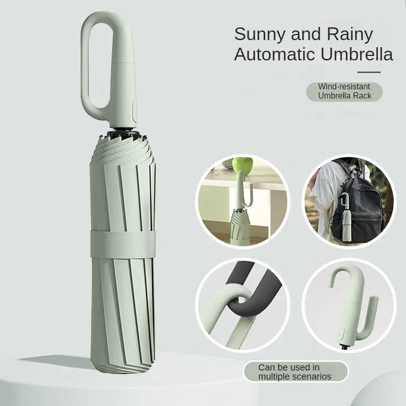 Green Foldable Rainproof Automatic Umbrella, 1 Count Compact Ring-Buckle Windproof Reinforced Pocket Umbrella for Women, Durable Sun-Protection UV Umbrella, Suitable for Rainy Days and Outdoor Use, Wind Resistant Umbrella, Portable Folding Umbrella